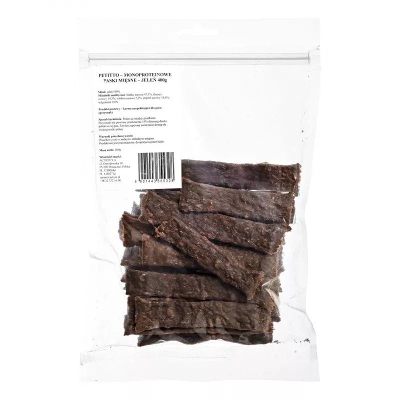 Šunų skanėstai PETITTO Monoprotein mėsos juostelės — elniena, hipoalerginis užkandis, 400 g, be grūdų ir sojos