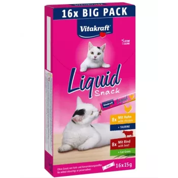 Kačių skanėstų pasta Vitakraft VITAKRAFT Liquid Snack 16 x 15 g — jautiena ir vištiena, 240 g, be konservantų