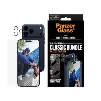 Ekrano ir fotoaparato objektyvo apsauginio stiklo rinkinys PanzerGlass, skirtas Apple iPhone 17 Pro Max — permatomas „2 viename“