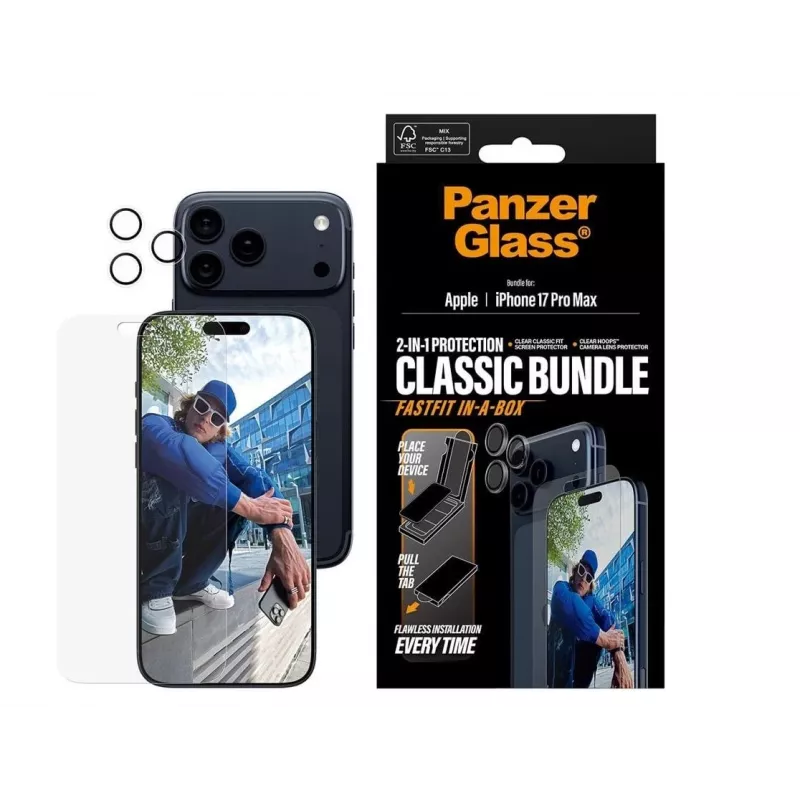 Ekrano ir fotoaparato objektyvo apsauginio stiklo rinkinys PanzerGlass, skirtas Apple iPhone 17 Pro Max — permatomas „2 viename“