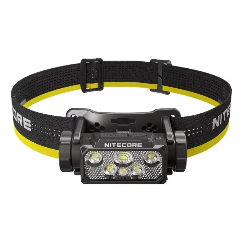 Ant galvos tvirtinamas žibintuvėlis Nitecore HC60 UHE su 4000 mAh baterija, 6 šviesos diodai, atsparus vandeniui, atsparus smūgiams, juoda/geltona