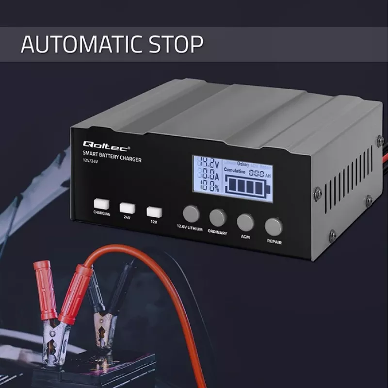 Baterijų įkroviklis QOLTEC 52491 mikroprocesorinis 12V/12.6V/24V su LCD