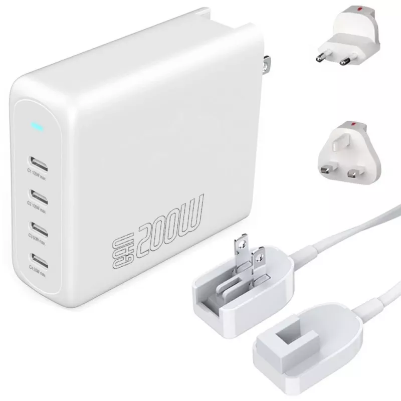 Vidinis kintamosios srovės greitasis įkroviklis ”4smarts 545200 inch — 200 W, 4× USB-C, 100–240 V, 1,5 m laidas, baltas