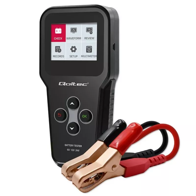 Qoltec 52489 Skaitmeninis akumuliatoriaus analizatorius 3 viename su LCD ir keliomis kalbomis 6V | 12V | 24V | 30Ah-200Ah