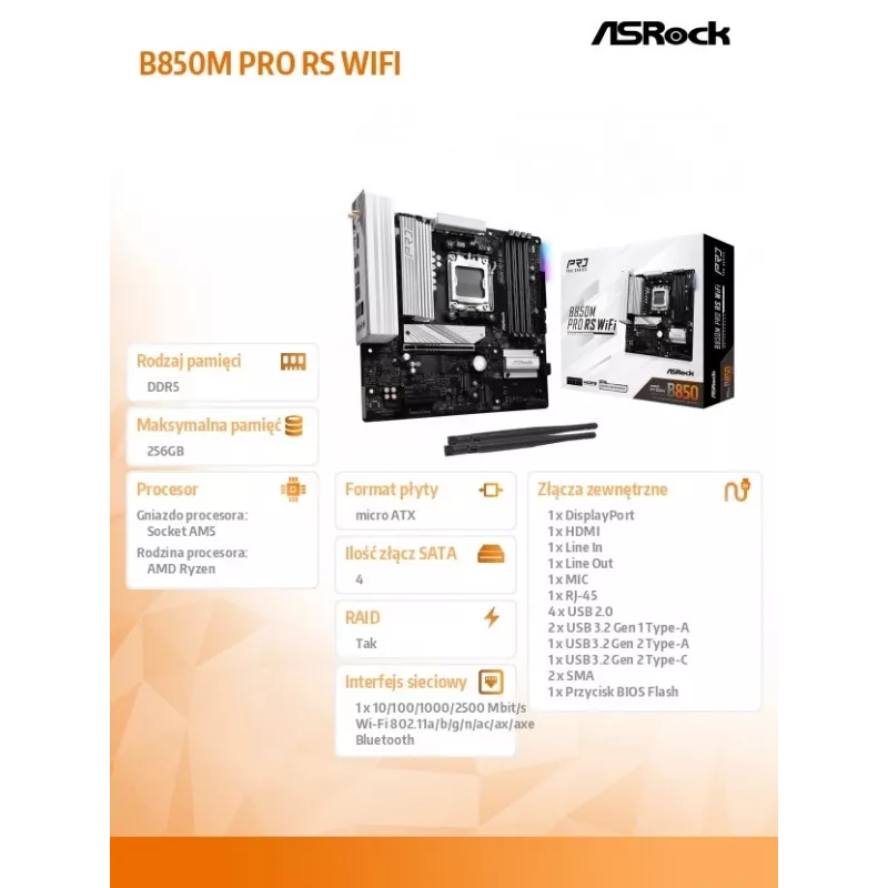 ASRock B850M Pro RS WiFi pagrindinė plokštė — AMD B850, Socket AM5, microATX, DDR5, 4 DIMM, 256GB, Wi‑Fi 6E, 2.5Gb LAN, 3x M.2