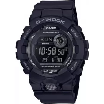 Skaitmeninis laikrodis CASIO GBD-800-1BER — dervos korpusas 48,6 mm, dirželio plotis 15,5 mm, atstumas tarp auselių 54,1 mm, juodas