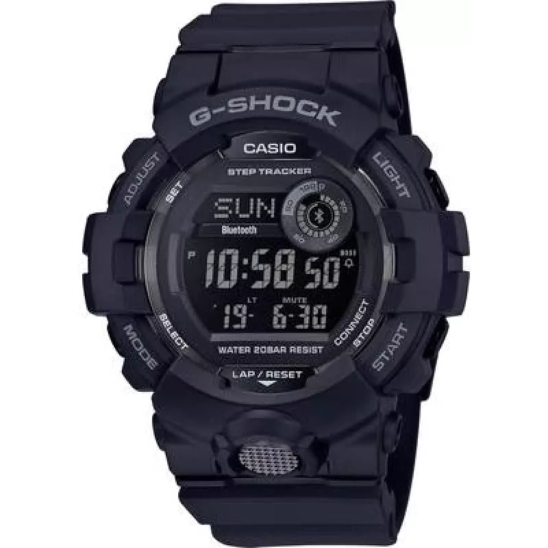Skaitmeninis laikrodis CASIO GBD-800-1BER — dervos korpusas 48,6 mm, dirželio plotis 15,5 mm, atstumas tarp auselių 54,1 mm, juodas