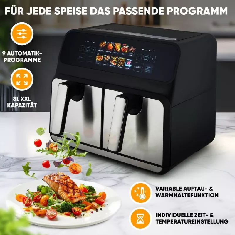 Karšto oro gruzdintuvė ProfiCook PC-FR 1287 H — dviguba 8 L, 2200 W, liet. LED, juoda / nerūd. plienas
