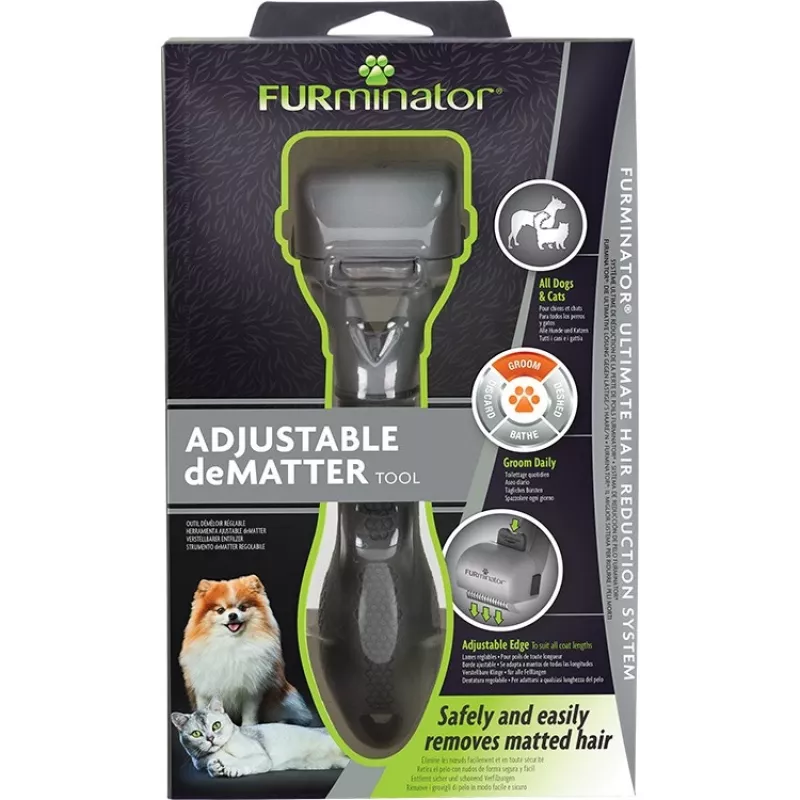 „FURminator Adjustable“ plaukų šalinimo įrankis — katėms ir šunims, nerūdijančio plieno ašmenys, ergonomiška neslystanti rankena, 185 g, visiems kailio tipams