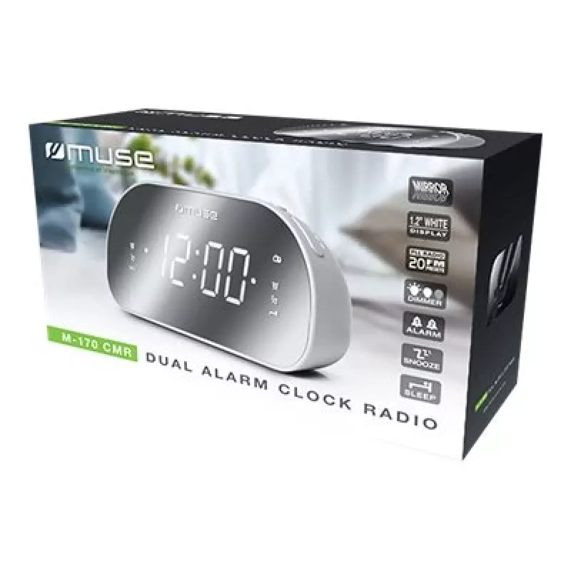 Radijo laikrodis Muse M-170CMR — skaitmeninis radijo laikrodis, 1,2 colio LED ekranas, FM, AC 230V, AAA atsarginė baterija, veidrodinis/baltas