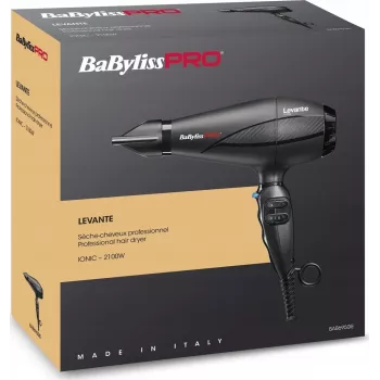 Plaukų džiovintuvas BaByliss PRO Levante 2100 W, AC variklis, joninė technologija, 2 šilumos/2 greičiai, juodas