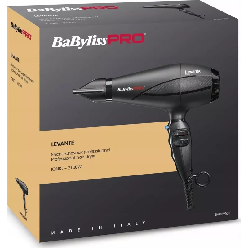 Plaukų džiovintuvas BaByliss PRO Levante 2100 W, AC variklis, joninė technologija, 2 šilumos/2 greičiai, juodas