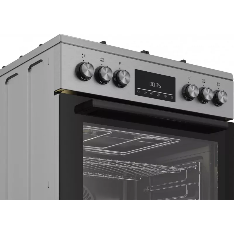 Laisvai pastatoma dujinė-elektrinė viryklė BEKO FBM62330GXTN 60 cm, 4 degiklių dujinė kaitlentė, 72 L elektrinė orkaitė, energijos klasė A