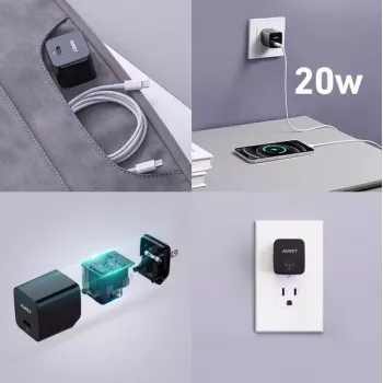 Sieninis įkroviklis Aukey PA-Y20S 20W USB-C Power Delivery, kompaktiškas vieno prievado