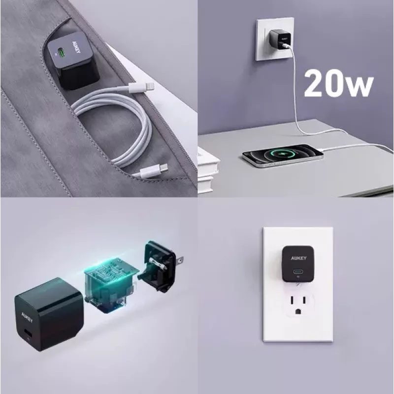 Sieninis įkroviklis Aukey PA-Y20S 20W USB-C Power Delivery, kompaktiškas vieno prievado