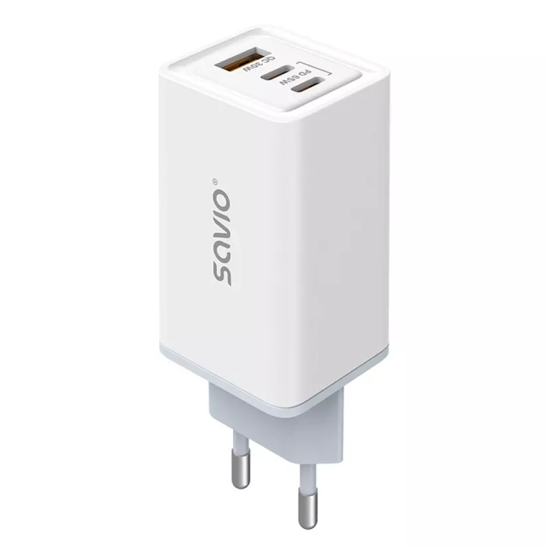 SAVIO LA-07 GaN 65W mains charger, USB, QC4.0+, PD 3.0, Balta