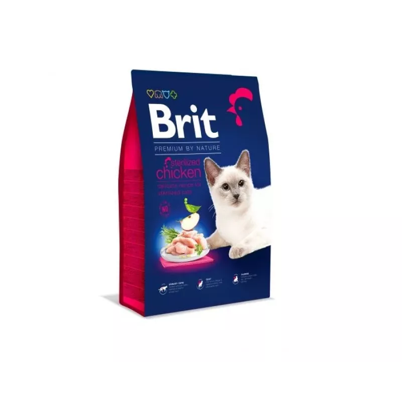 Sausas kačių maistas Brit Premium By Nature Sterilized Chicken, 1,5 kg, suaugusioms sterilizuotoms katėms, 33% baltymų, 14% riebalų