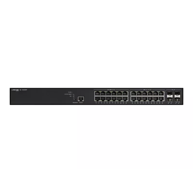 Valdomas LANCOM GS-3628XP komutatorius, 24× 2.5G RJ-45 prievadai, PoE, L2/L3, 1U montavimas į stelažą