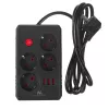 Maitinimo šakotuvas MACLEAN MCE392 B — 4 lizdai, 3×USB, 110–240V, 2,1A, 2500W, 1,5 m laidas, juodas