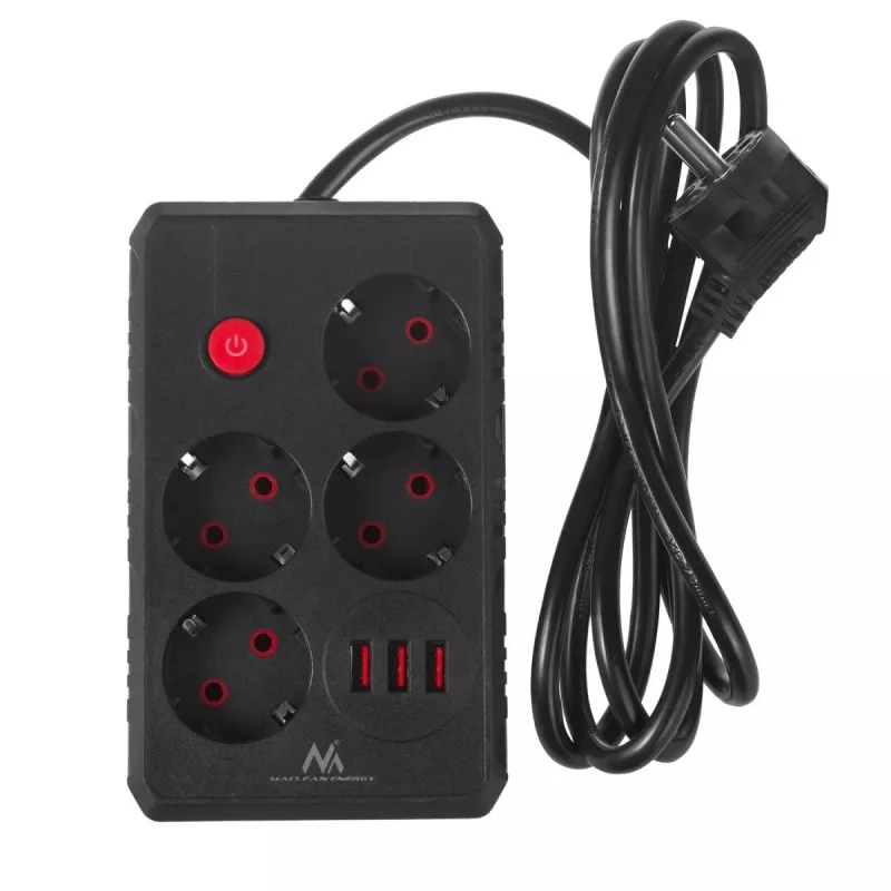 Maitinimo šakotuvas MACLEAN MCE392 B — 4 lizdai, 3×USB, 110–240V, 2,1A, 2500W, 1,5 m laidas, juodas