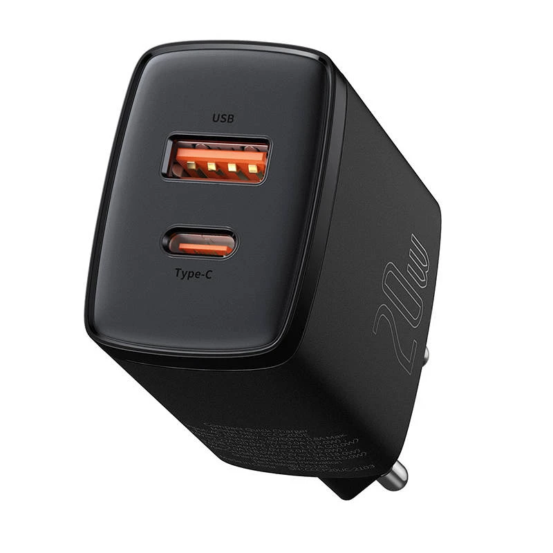 Vidinis USB greitasis įkroviklis Baseus CCXJ-B01 – 2 prievadai (USB-C PD 20W + USB-A QC3.0 18W), 100–240 V, juodas