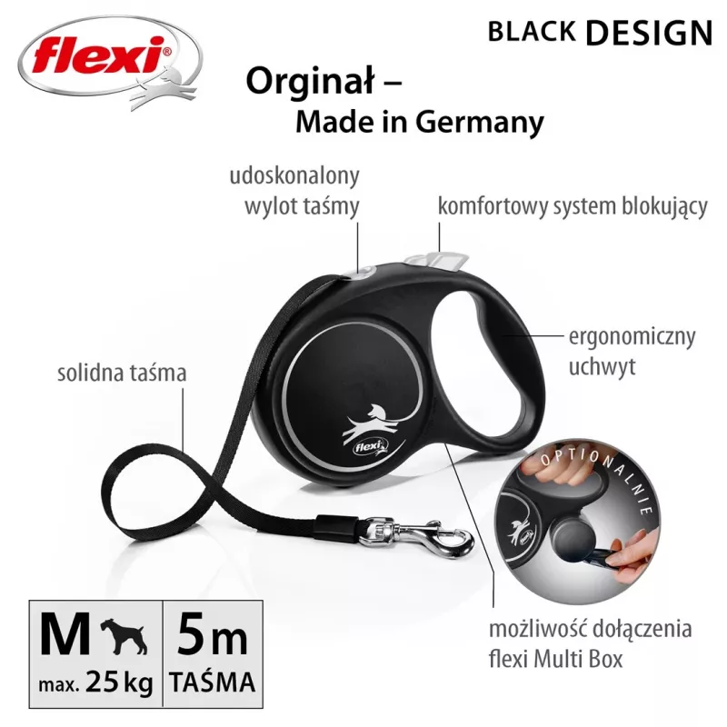 Ištraukiamas šuns pavadėlis Flexi Juoda Design M, juostinis pavadėlis, 5 m, vidutinėms veislėms (10–25 kg), maks. apkrova 20 kg