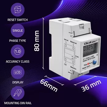 Energijos skaitiklis QOLTEC Vienfazis DIN bėgiui 230V (MPN 50979)