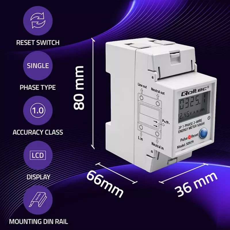 Energijos skaitiklis QOLTEC Vienfazis DIN bėgiui 230V (MPN 50979)