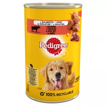 Šlapias šunų maistas Pedigree Beef Adult 400 g skardinė — jautienos skonio, 7,2% baltymų, 3,8% riebalų, 82,5% drėgmės