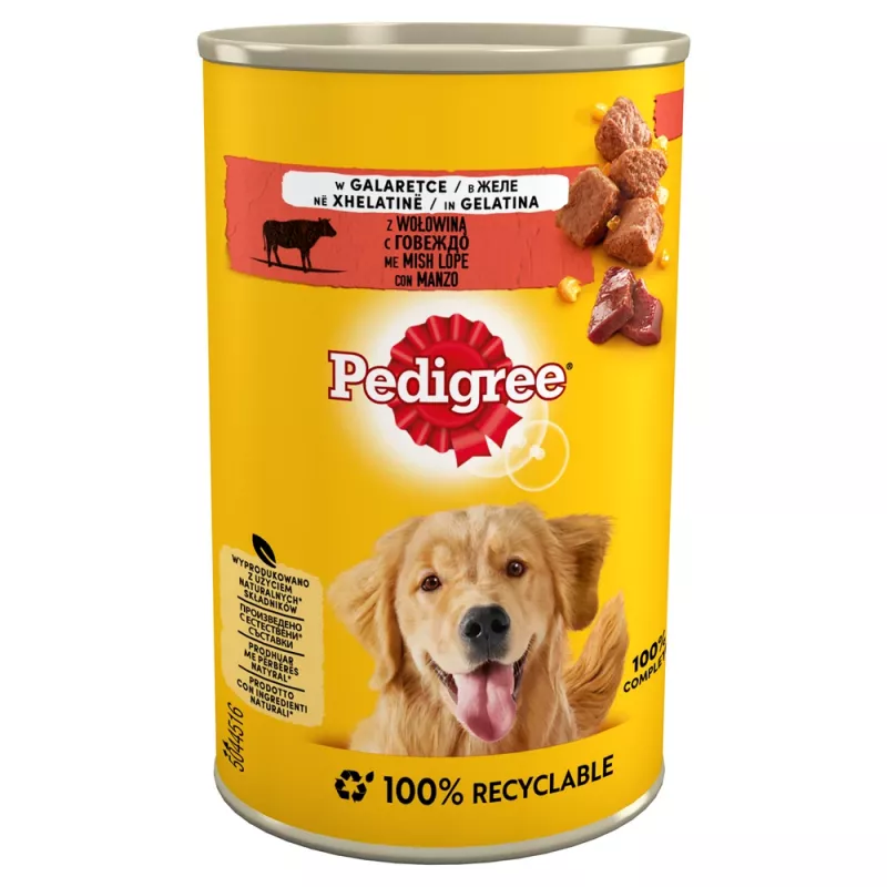Šlapias šunų maistas Pedigree Beef Adult 400 g skardinė — jautienos skonio, 7,2% baltymų, 3,8% riebalų, 82,5% drėgmės