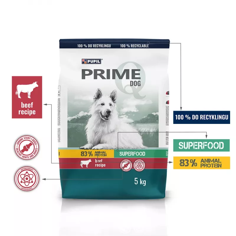 PUPIL Prime, turtingas jautiena su daržovėmis – sausas šunų ėdalas – 5 kg