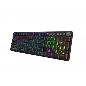 Klaviatūra IBOX AURORA K-6 — pilno dydžio QWERTY, RF belaidė + Bluetooth, RGB apšvietimas, mechaniniai žemo profilio klavišai, juoda