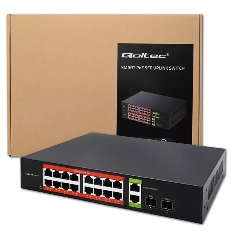 Tinklo komutatorius QOLTEC 52292 — Gigabit Ethernet PoE, 16x RJ45, 2x RJ45 įkeliamoji jungtis, 2x SFP