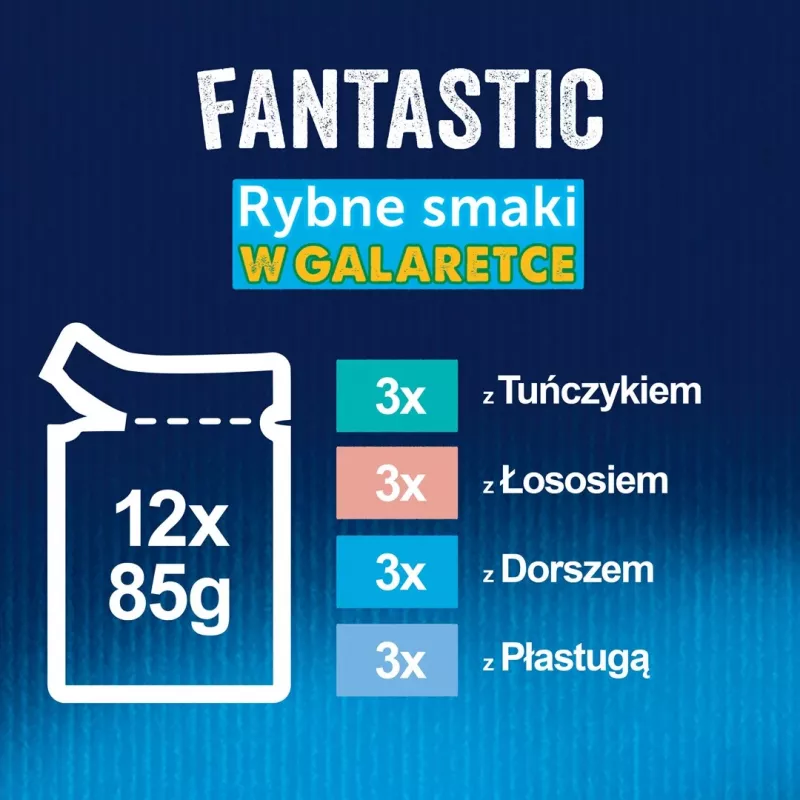 Šlapias kačių maistas Purina Nestlé FELIX Fantastic žuvies skoniai — tunas, lašiša, menkė, plekšnė, 12×85 g paketėliai