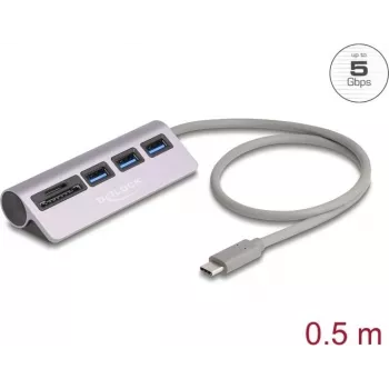 USB šakotuvas DELOCK 3 prievadų 5 Gbps su SD ir microSD kortelių skaitytuvu bei USB-C jungtimi