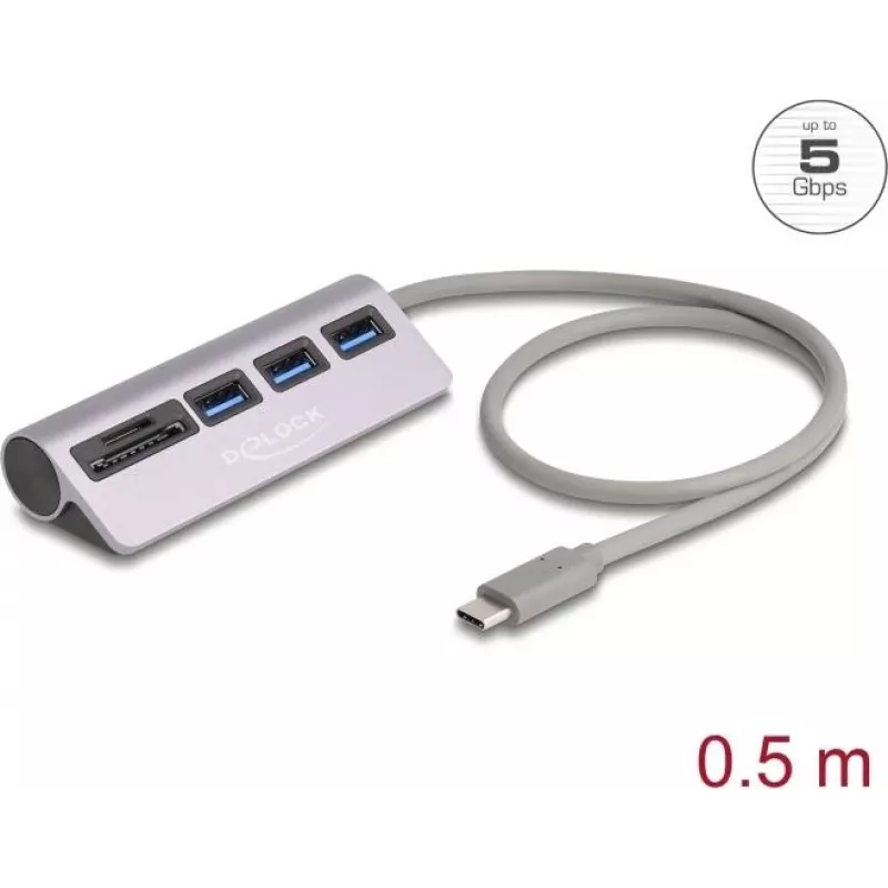 USB šakotuvas DELOCK 3 prievadų 5 Gbps su SD ir microSD kortelių skaitytuvu bei USB-C jungtimi