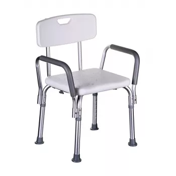 Dušo kėdė ActionMed KP300AM su atlošu ir porankiais, polipropilenas, reguliuojamas aukštis 43–56 cm, sėdynė 40×33 cm, maks. naudotojo svoris 110 kg