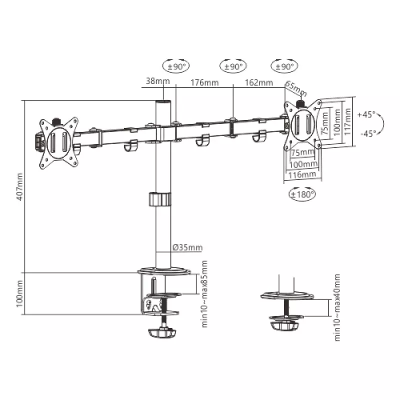 Monitoriaus laikiklis Gembird MA-D2-01 2 ekranams iki 32 colių, VESA 75x75–100x100, spaustuvas, 18 kg, juodas