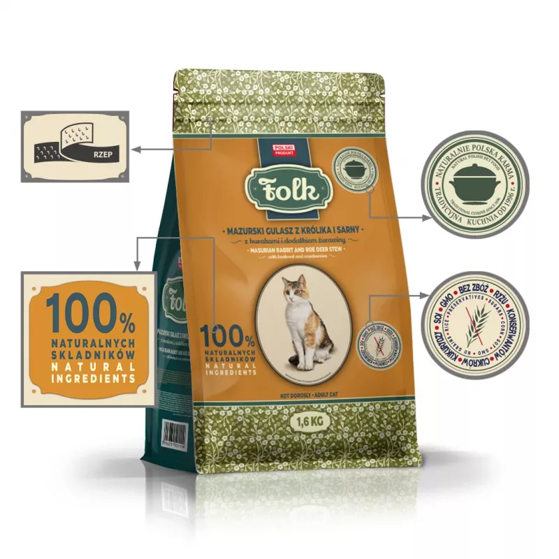 FOLK mozūriško stiliaus triušienos ir stirnienos troškinys su burokais ir spanguolėmis - sausas kačių ėdalas - 1,6kg