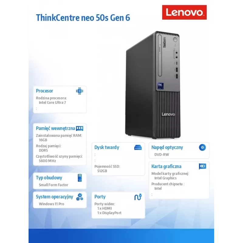 Stalinis kompiuteris Lenovo ThinkCentre Neo 50s SFF 13DM002APB, Windows 11 Pro, Intel 7 265, 16 GB RAM, 512 GB SSD, integruota grafika, 3 metų garantija