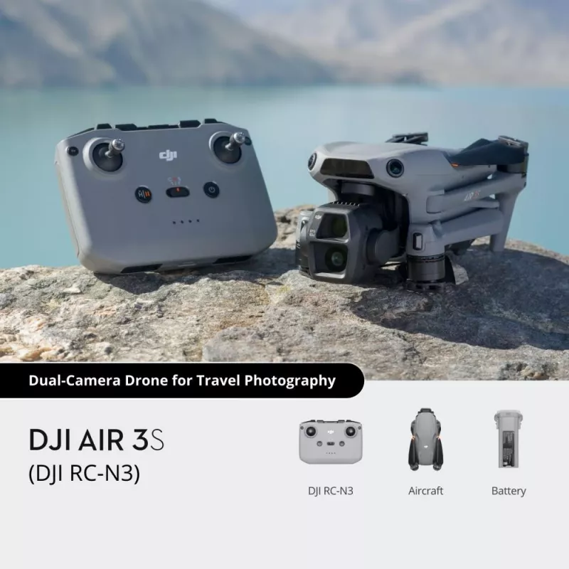 Kvadrokopteris DJI Air 3s RC-N3 — 50 MP kamera, 4K 3840×2160, 4 rotoriai, maks. 27 m/s, 32 000 m nuotolis, 4276 mAh baterija, pilkas