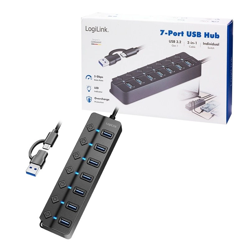 USB 3.2 Gen1 7 prievadų šakotuvas su atskirais jungikliais, juodas
