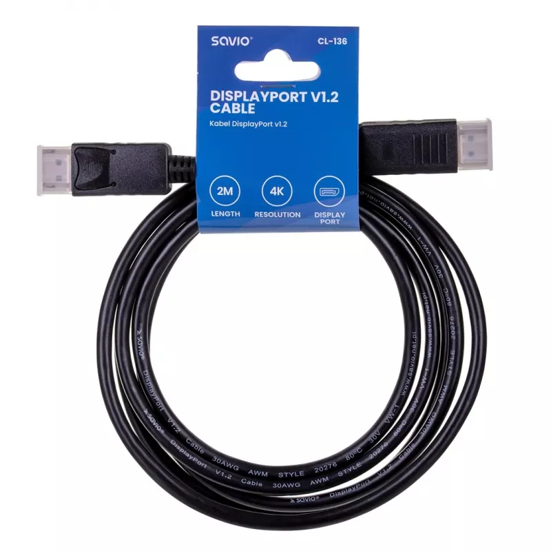 DisplayPort laidas SAVIO CL-136, DisplayPort kištukas–kištukas, 2 m, DP 1.2, auksiniai kontaktai, juodas