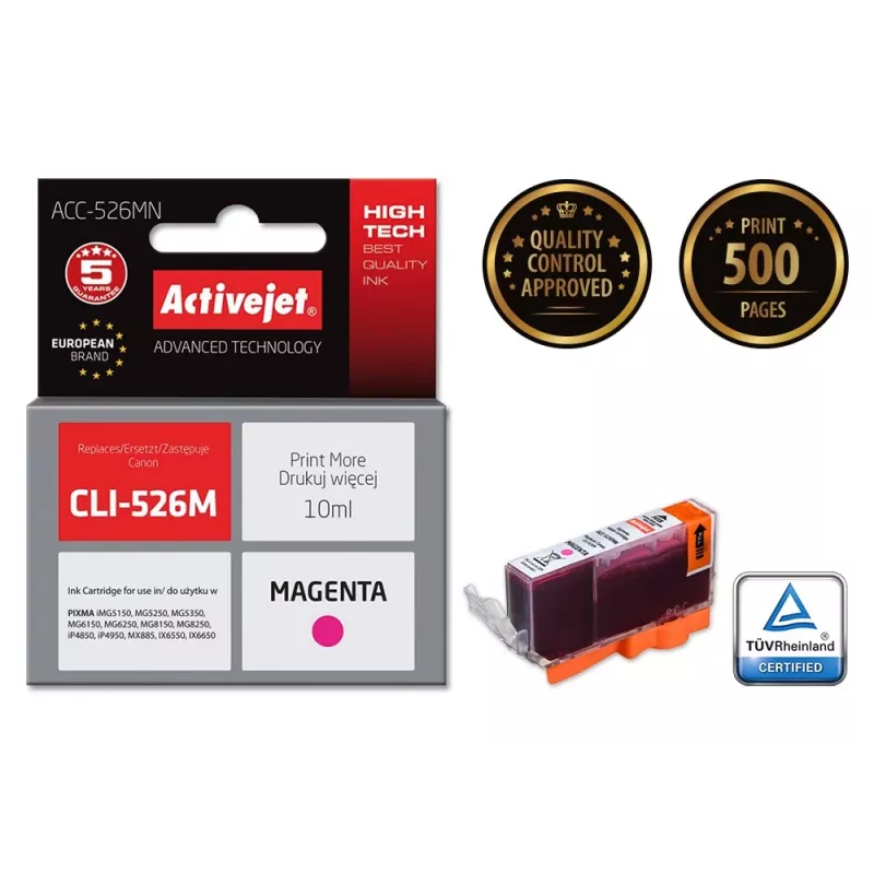 Rašalinė kasetė ActiveJet ACC-526MN, suderinama su Canon, purpurinė, dažų pagrindo rašalas, 10 ml, didelės (XL) talpos, viena pakuotė