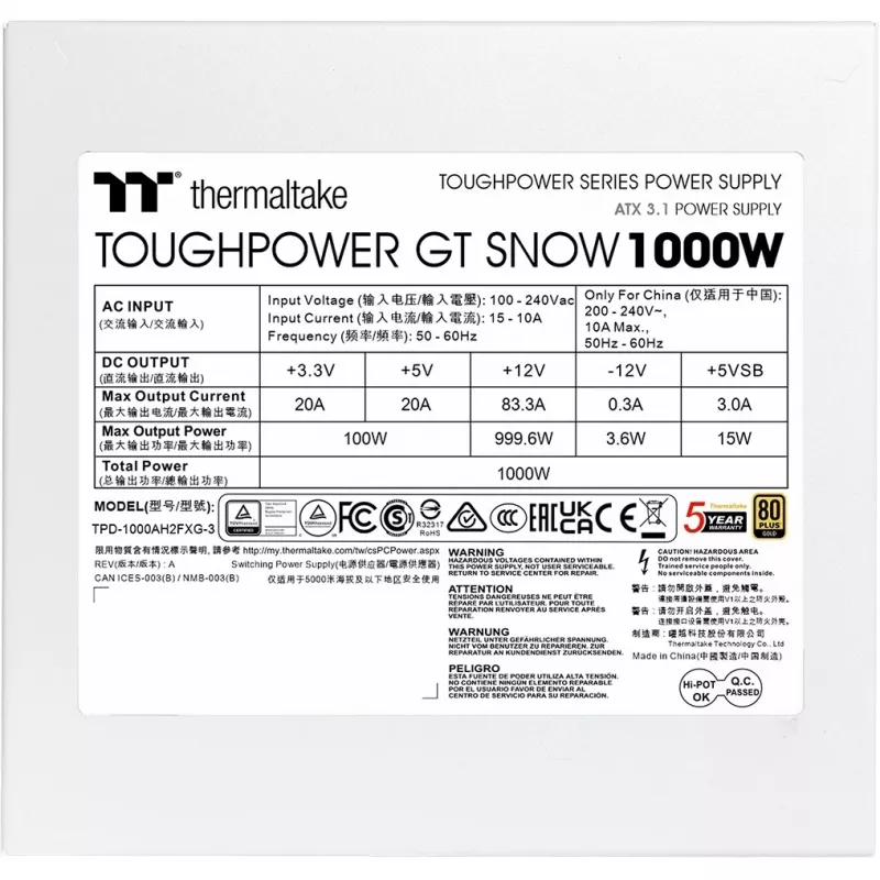 Maitinimo blokas PSU THERMALTAKE Toughpower GT Snow 1000W ATX 24-pin, 80 PLUS Gold, baltas, 120mm ventiliatorius