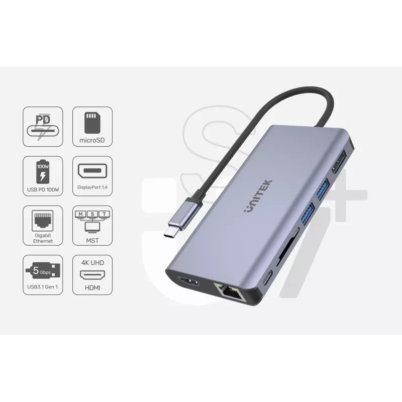Hub UNITEK uHUB S7 USB 3.2 Gen 1 Type-C Pilka