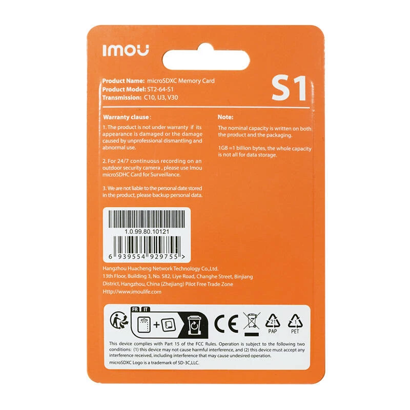 MicroSD atminties kortelė IMOU ST2-64-S1 64 GB, 10 klasė, skaitymo greitis 95 MB/s, rašymo greitis 35 MB/s, U3 V30