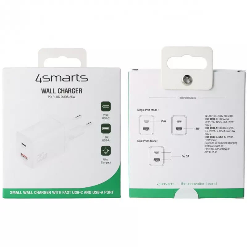 4smarts Ladegert PDPlug Duos 25W 1xC. 1xA. baltas