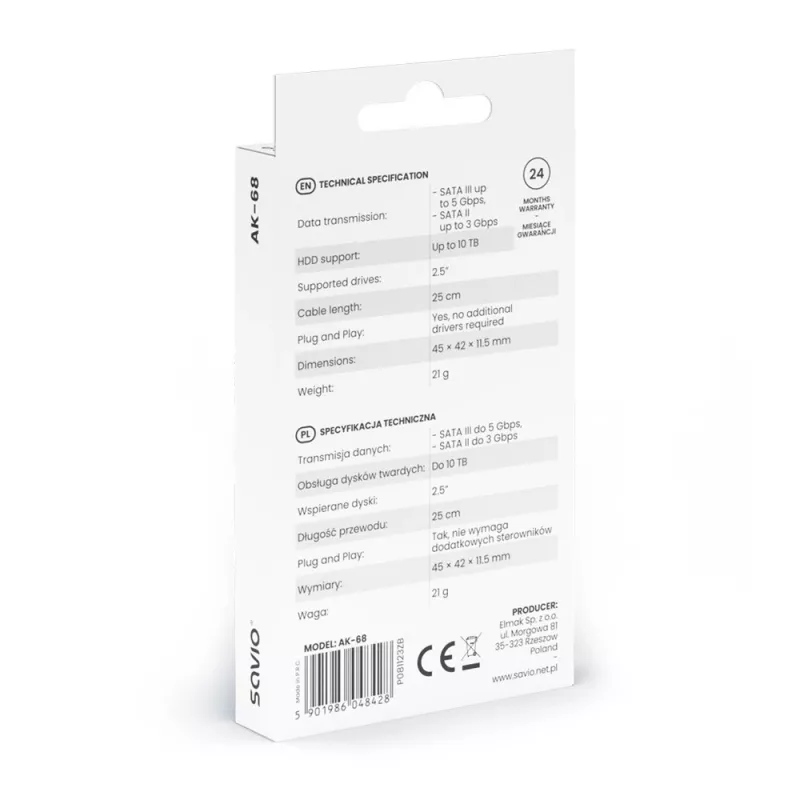 SAVIO SATA į USB 3.1 Gen 1 sąsajos kabelis AK-68, SATA lizdas į USB-A kištuką, 5 Gbit/s, 0,25 m, juodas