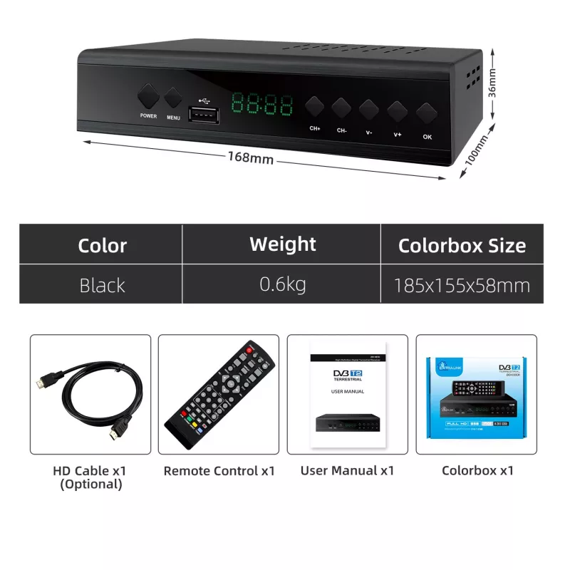 Extralink Home Tuner DVB-T2 skaitmeninės TV dekoderis H.265 HEVC FULL HD USB HDMI + nuotolinio valdymo pultelis